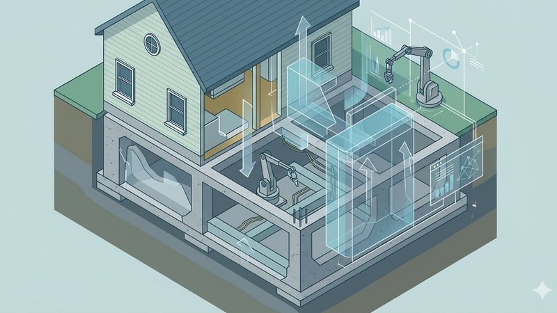 Современная иллюстрация арматурного каркаса для фундамента дома, тренды укрепления 2026 года.